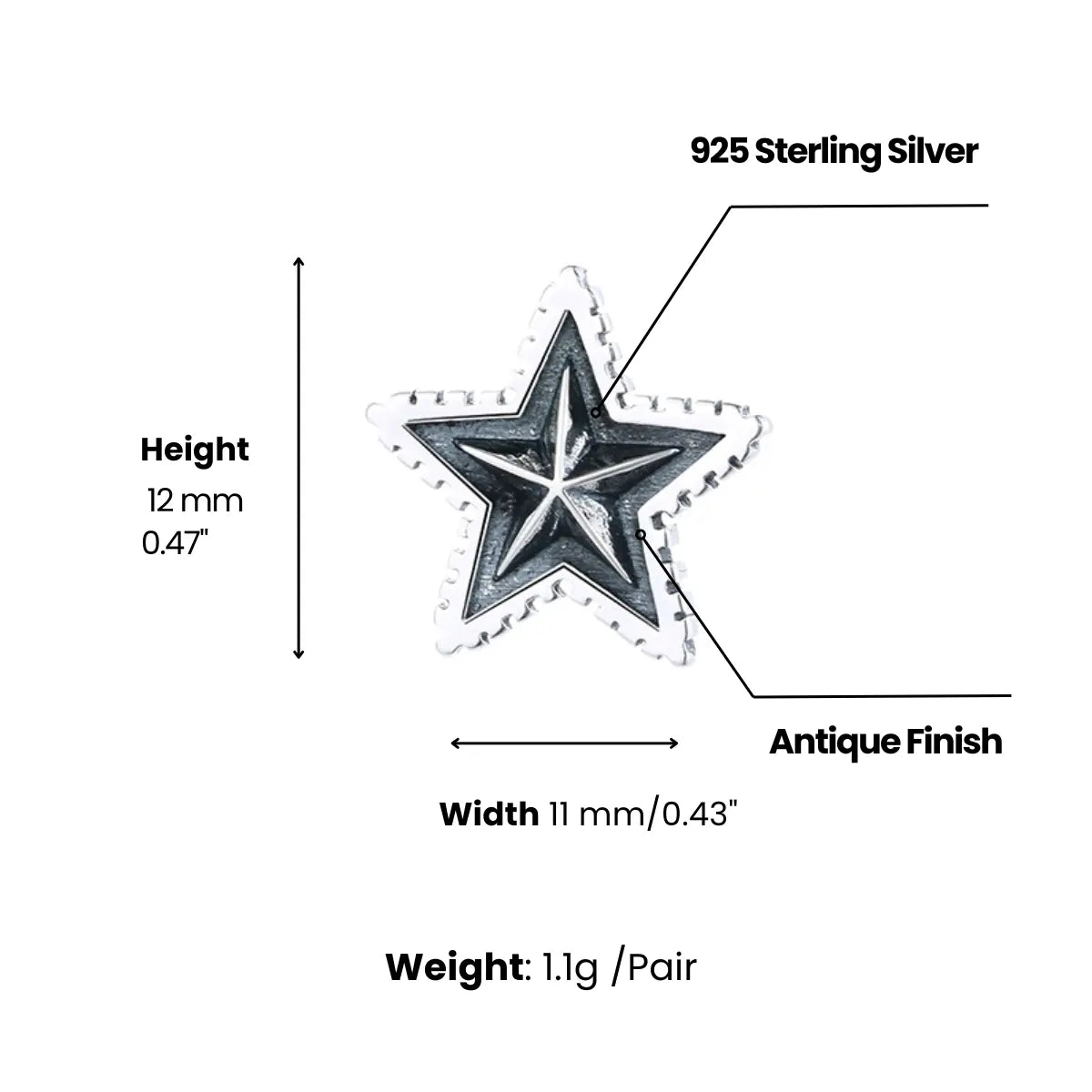 Star Stud Earrings Sterling Silver Dimensions and Weight