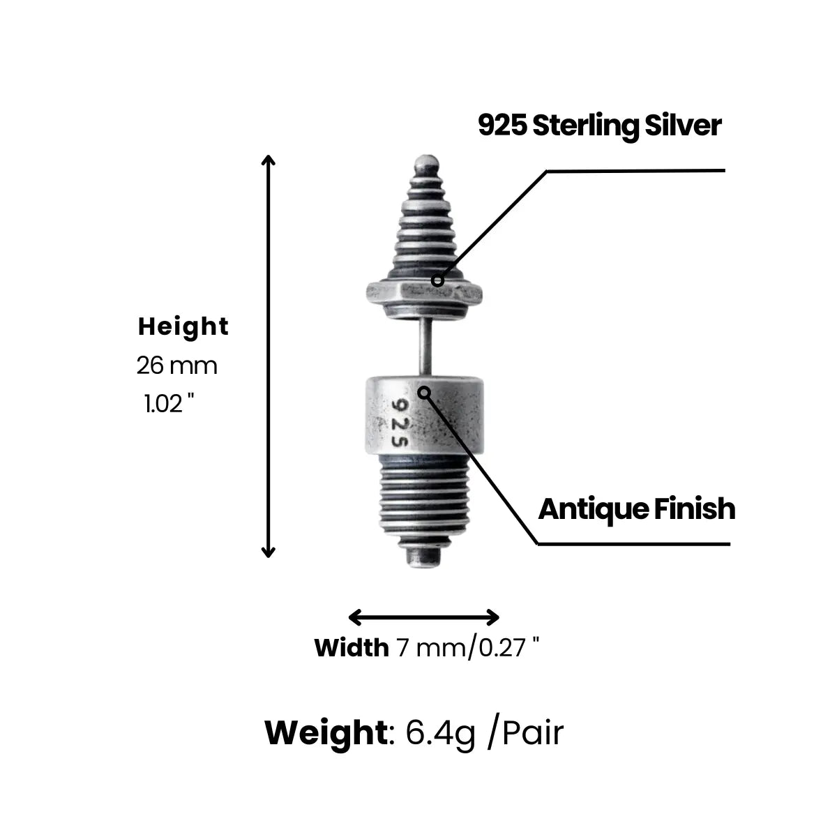 Steampunk Spark Plug Stud Earrings Dimensions and Weight