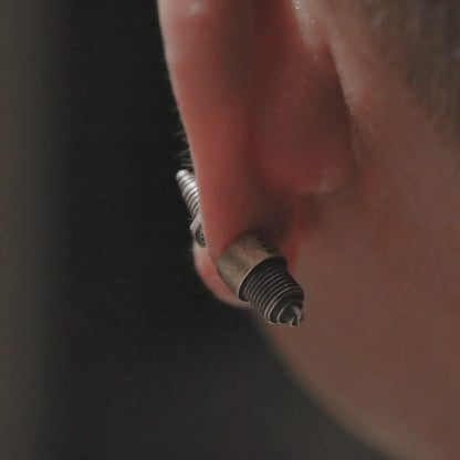 Steampunk Spark Plug Stud Earrings Worn by Male Model Back View