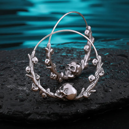 Steel Skulls on Branch Hoop Earrings Close Up