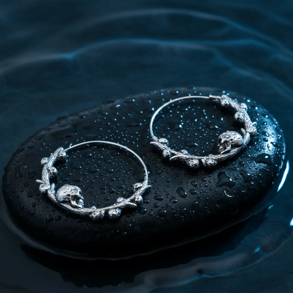 Steel Skulls on Branch Hoop Earrings Details
