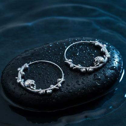 Steel Skulls on Branch Hoop Earrings Details