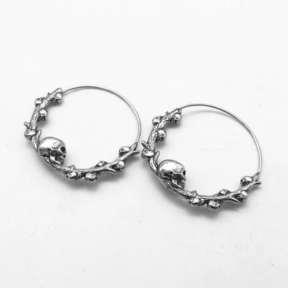 Steel Skulls on Branch Hoop Earrings Side View