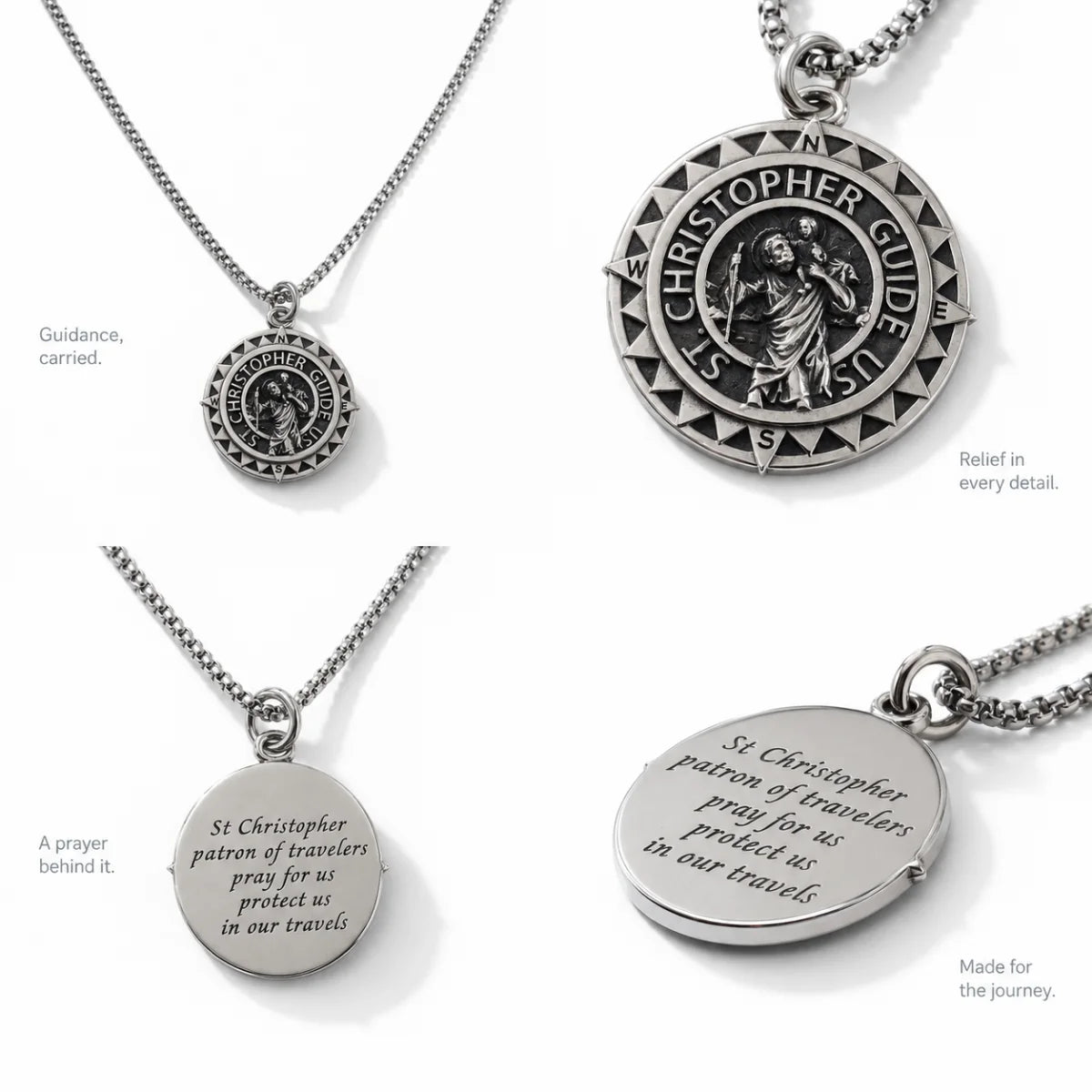Steel St Christopher Compass Medal Details and Engraving Features Infographic