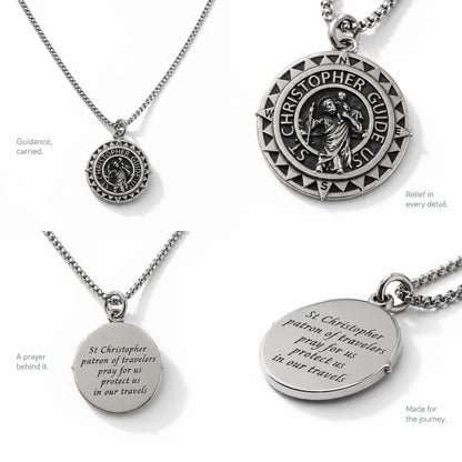 Steel St Christopher Compass Medal Details and Engraving Features Infographic