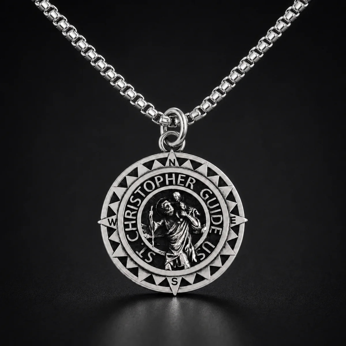 Steel St Christopher Compass Medal Necklace Silver Close Up Black Background