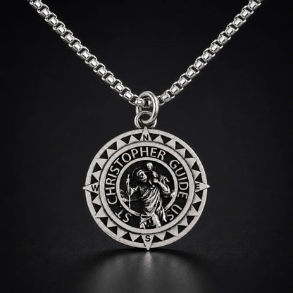 Steel St Christopher Compass Medal Necklace Silver Close Up Black Background