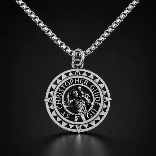Steel St Christopher Compass Medal Necklace Silver Close Up Black Background