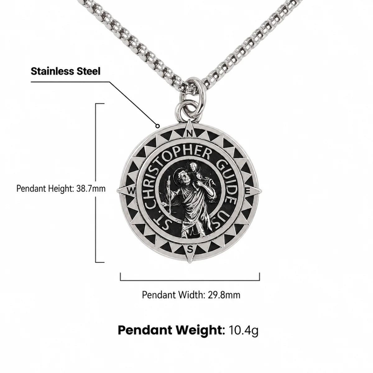 Steel St Christopher Compass Medal Necklace Silver Dimensions and Weight Infographic