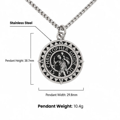 Steel St Christopher Compass Medal Necklace Silver Dimensions and Weight Infographic