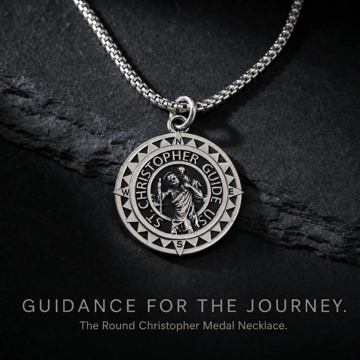 Steel St Christopher Compass Medal Necklace Silver Displayed on Stone Surface
