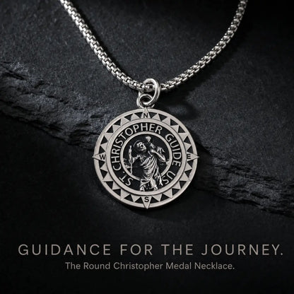 Steel St Christopher Compass Medal Necklace Silver Displayed on Stone Surface