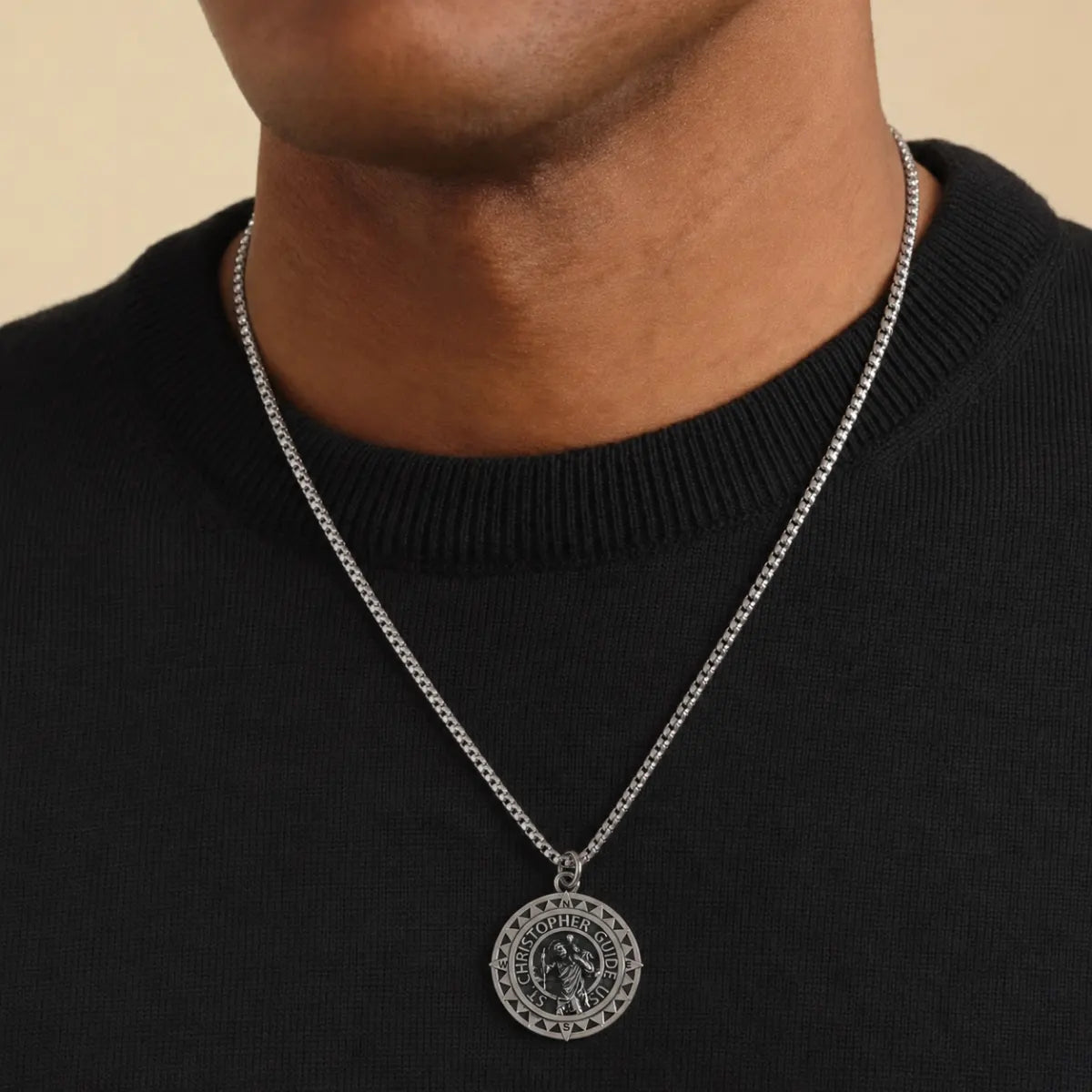 Steel St Christopher Compass Medal Necklace Silver Worn by Male Model