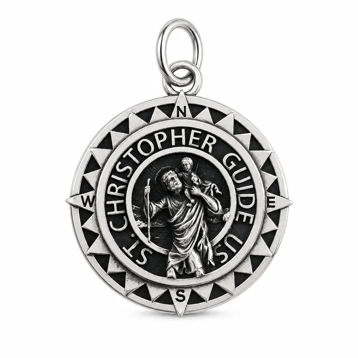 Steel St Christopher Compass Medal Silver Pendant Only Front View White Background