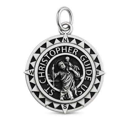 Steel St Christopher Compass Medal Silver Pendant Only Front View White Background