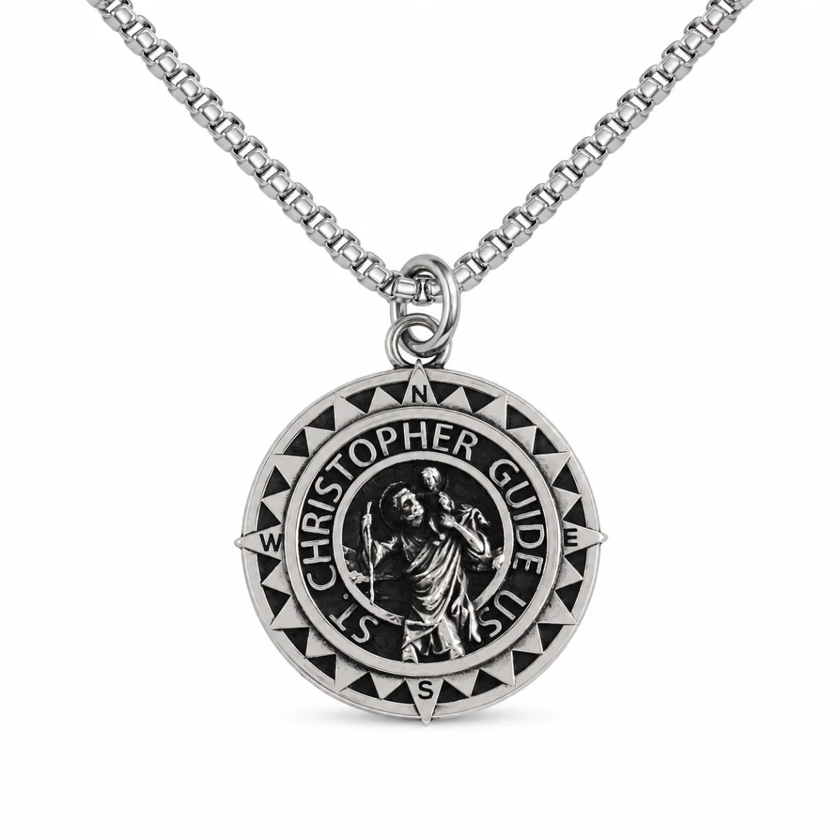 Steel St Christopher Compass Medal Silver Pendant with Chain Front View White Background