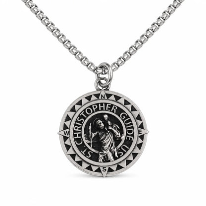 Steel St Christopher Compass Medal Silver Pendant with Chain Front View White Background
