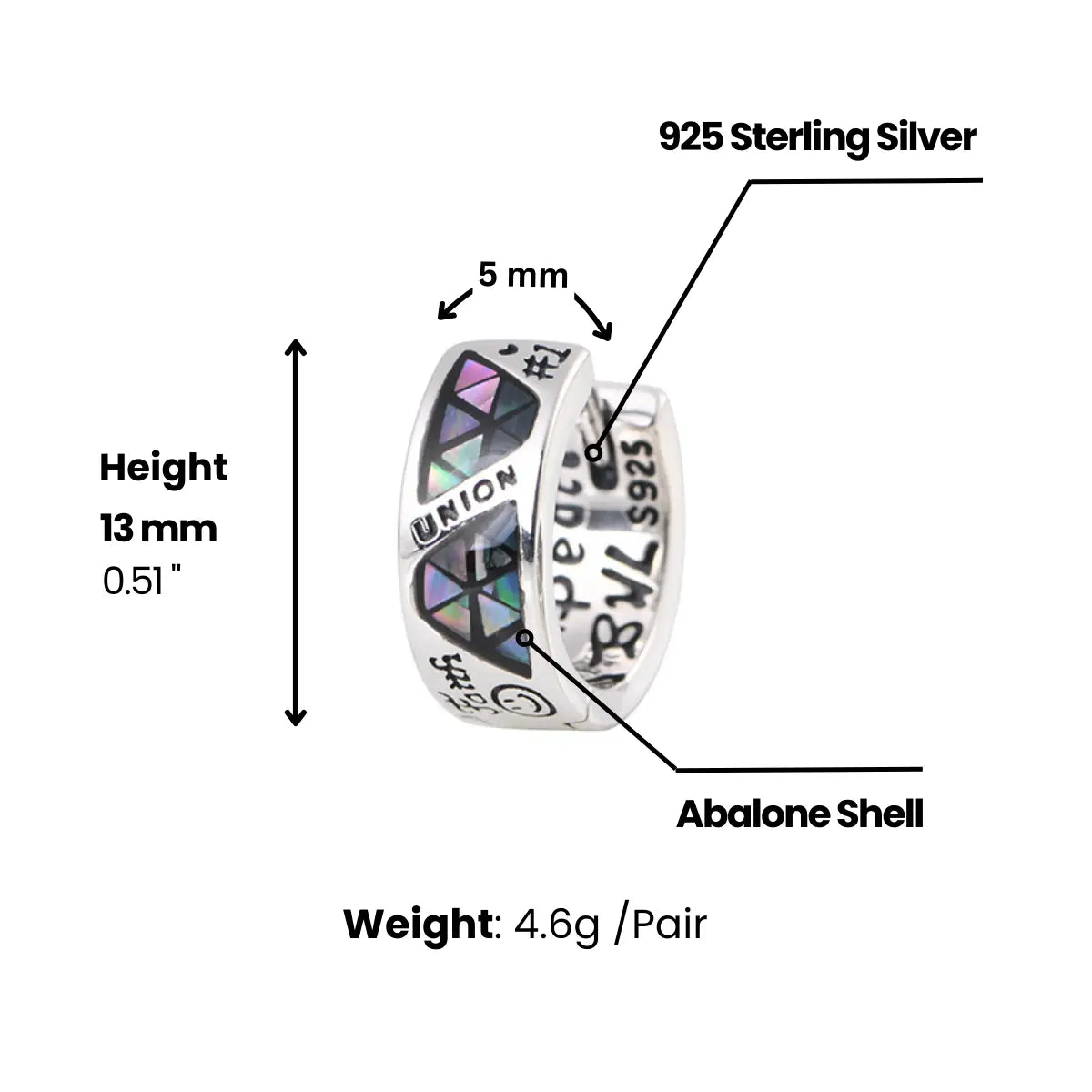 Sterling Silver Abalone Inlay Hoop Earrings Dimensions and Weight