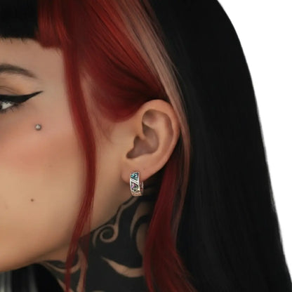 Sterling Silver Abalone Inlay Hoop Earrings Worn by Female Model