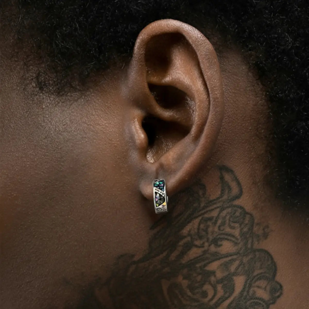 Sterling Silver Abalone Inlay Hoop Earrings Worn by Male Model Close Up