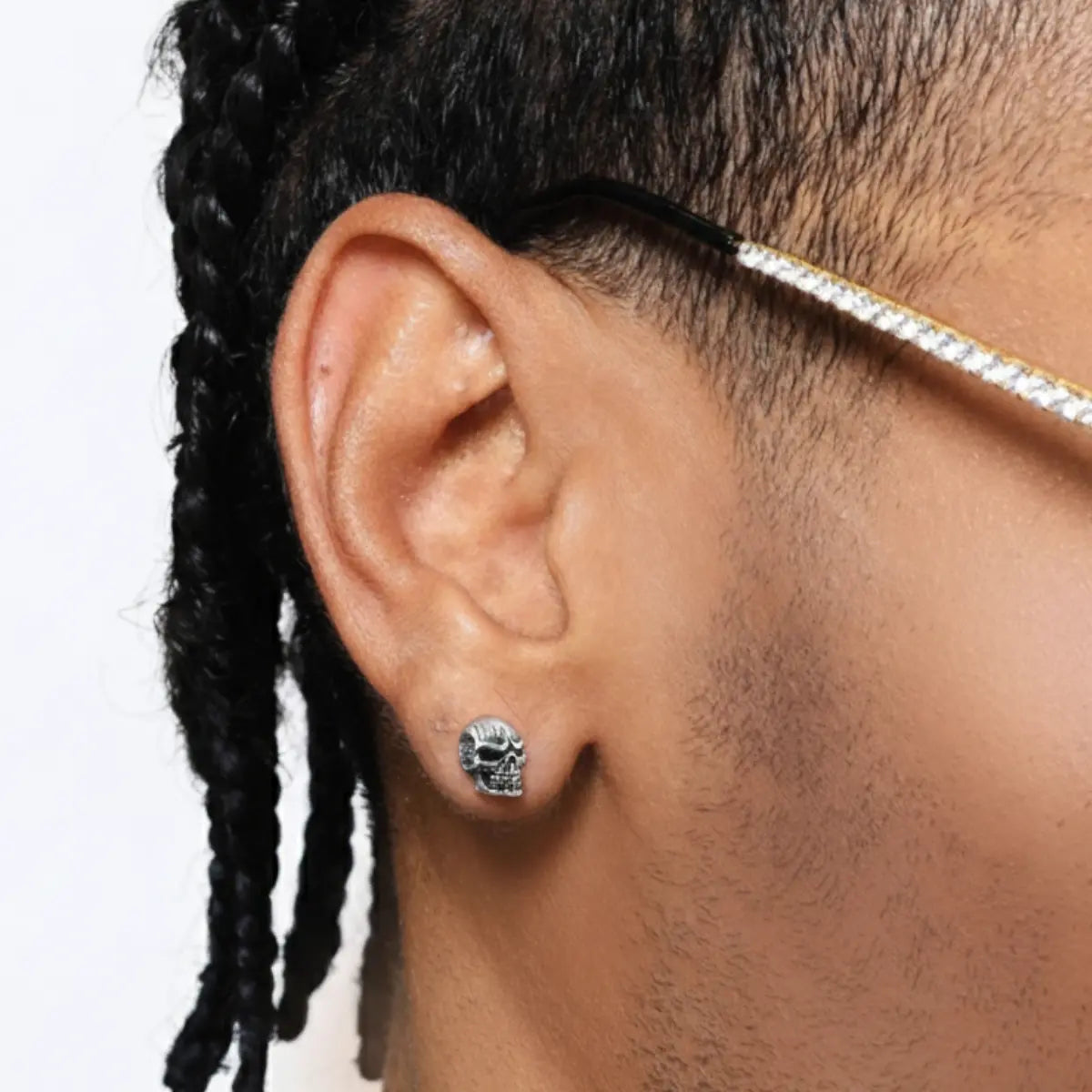 Sterling Silver Badass Skull Stud Earrings Worn by Male Model