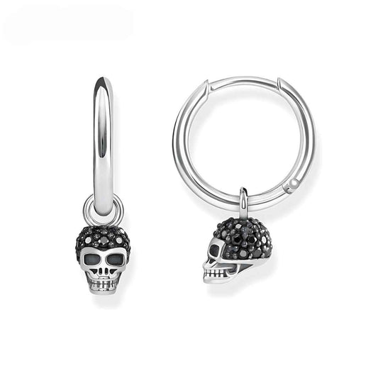 Sterling Silver Black Skull Hoop Earrings