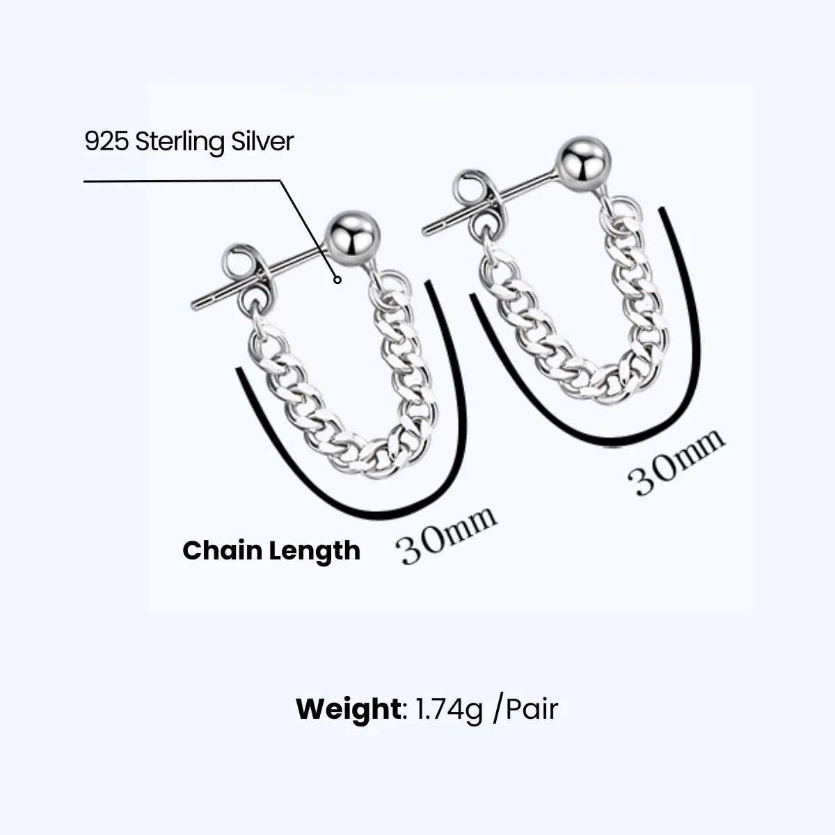 Sterling Silver Flat Back Chain Earrings  Dimensions and Weight