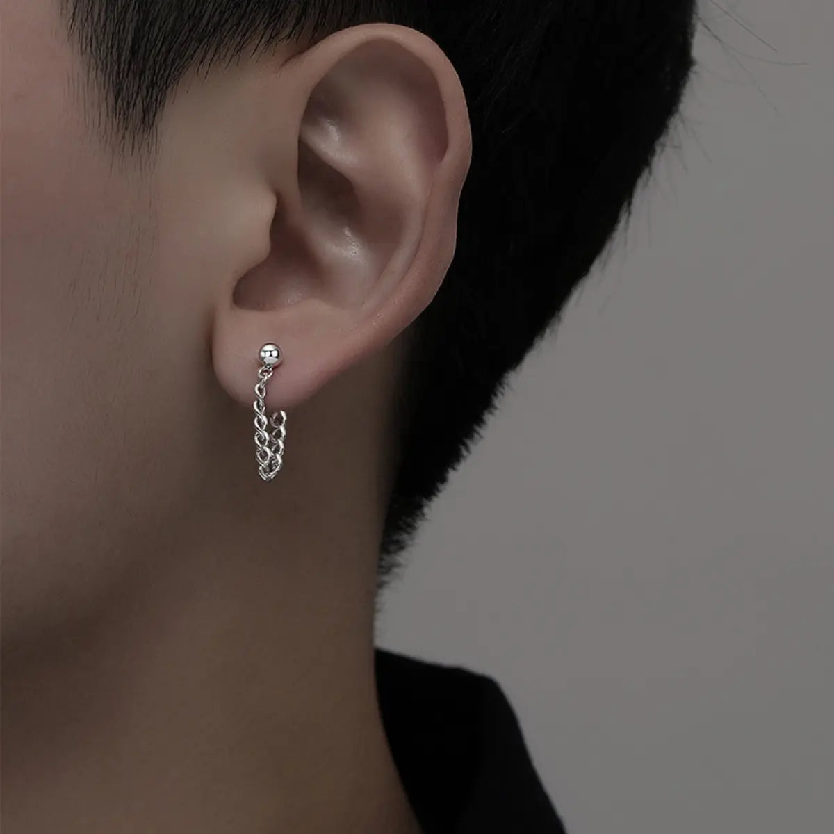 Sterling Silver Flat Back Chain Earrings Worn by Male Model