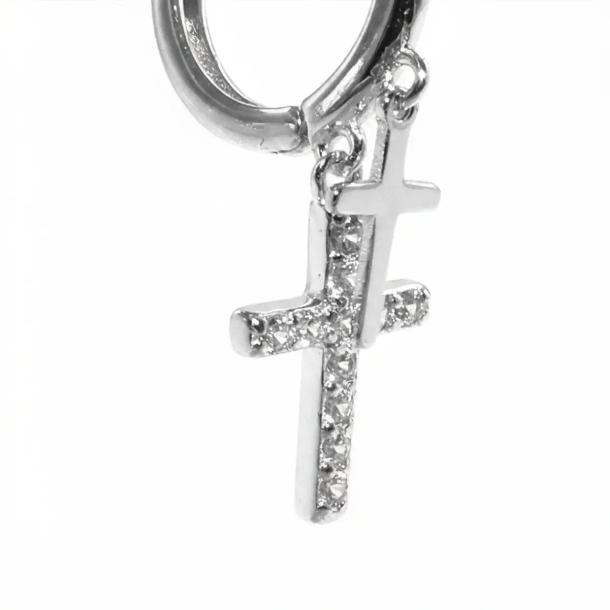 Sterling Silver Pavé Double Cross Hoop Earrings Close Up