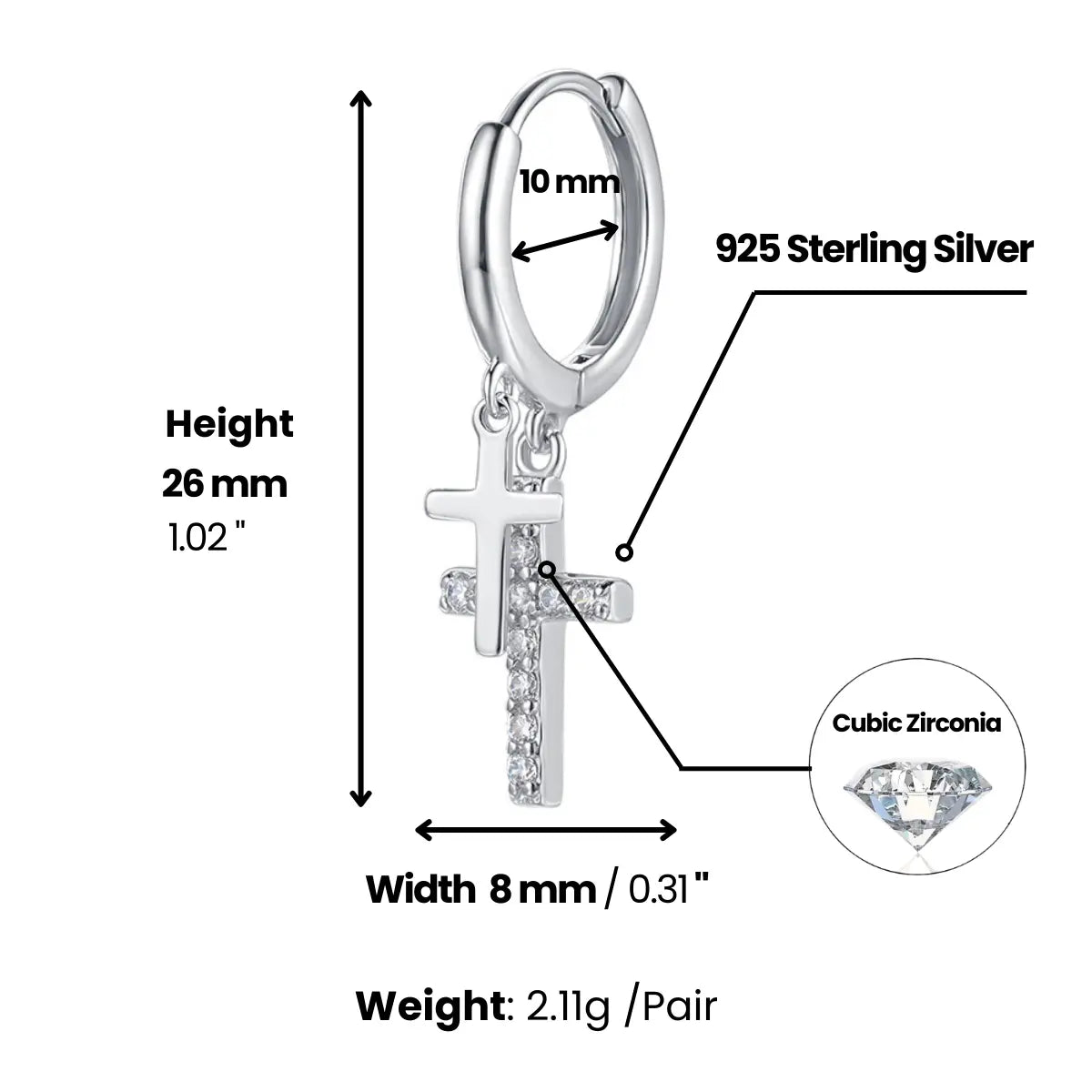 Sterling Silver Pavé Double Cross Hoop Earrings Dimensions and Weight