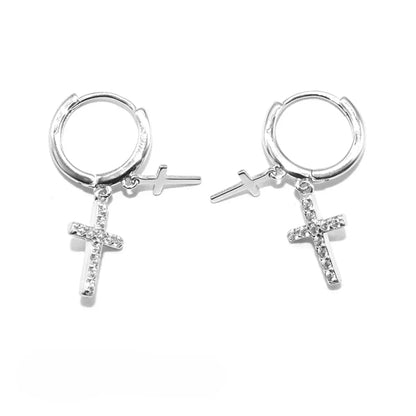 Sterling Silver Pavé Double Cross Hoop Earrings Front