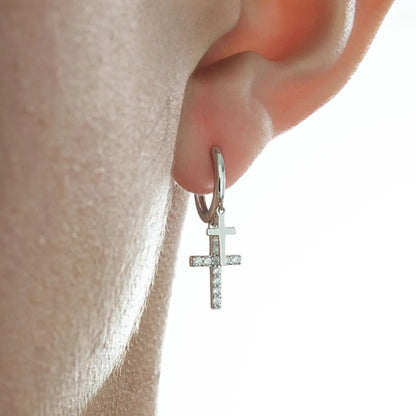 Sterling Silver Pavé Double Cross Hoop Earrings Worn by Male Model Close Up