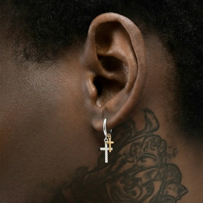 Sterling Silver Pavé Double Cross Hoop Earrings Worn by Male Model