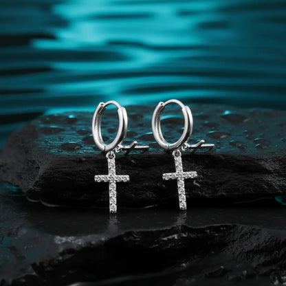 Sterling Silver Pavé Double Cross Hoop Earrings