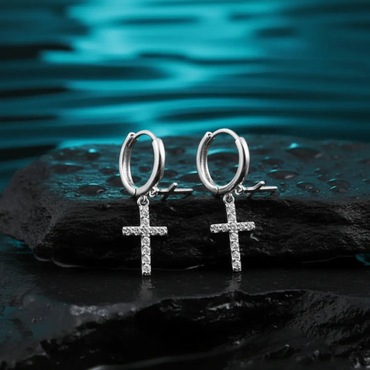 Sterling Silver Pavé Double Cross Hoop Earrings