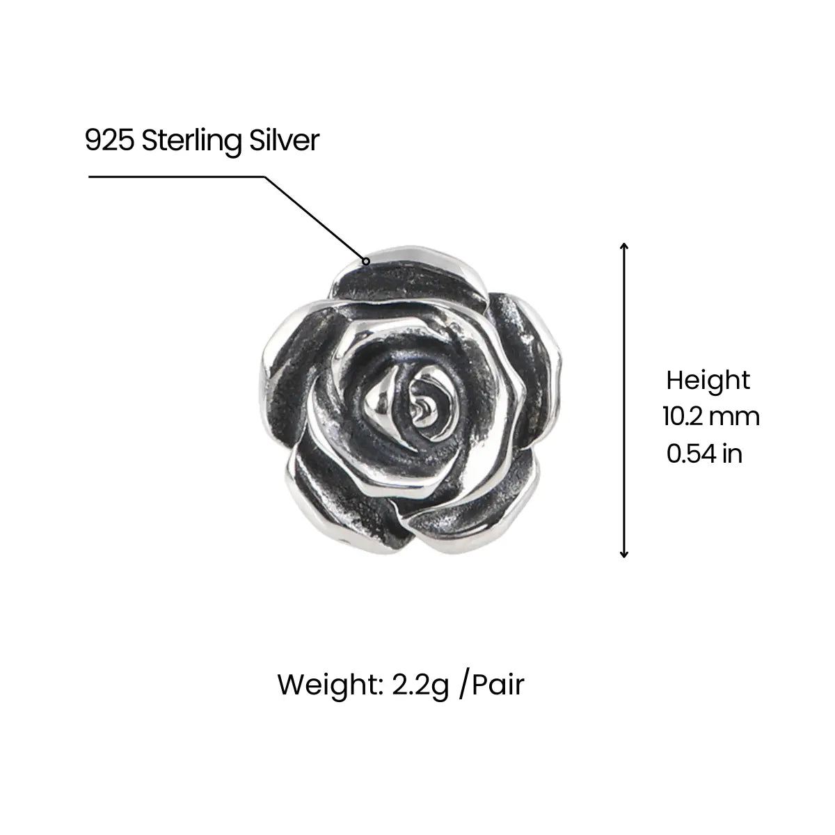 Sterling Silver Rose Stud Earrings Dimensions and Weight
