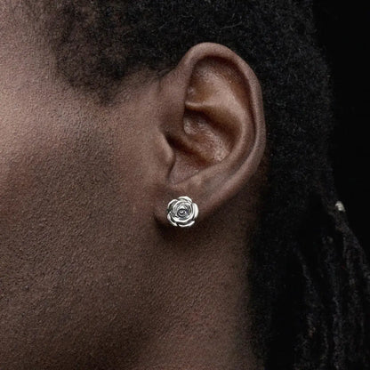 Sterling Silver Rose Stud Earrings Front Worn by Male Model