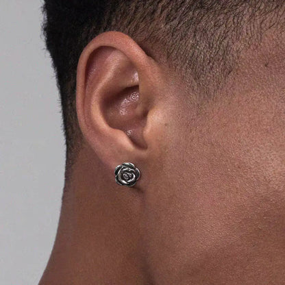 Sterling Silver Rose Stud Earrings Side Worn by Male Model