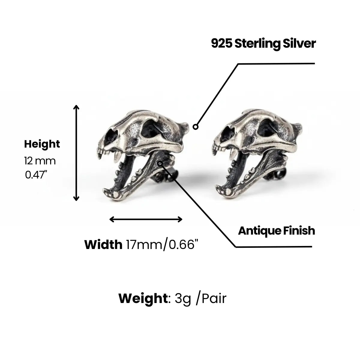 Sterling Silver Saber Tooth Tiger Stud Earrings Dimensions and Weight