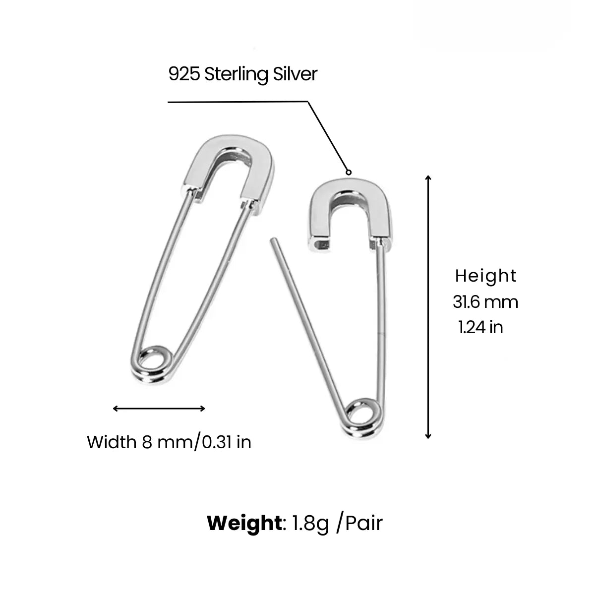 Sterling Silver Safety Pin Earrings Dimensions and Weight