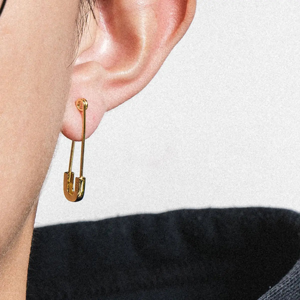 Sterling Silver Safety Pin Earrings Gold Worn by Male Model