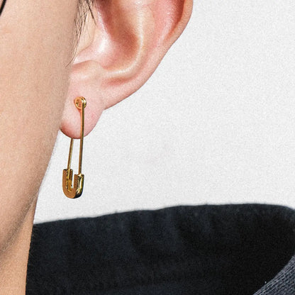 Sterling Silver Safety Pin Earrings Gold Worn by Male Model