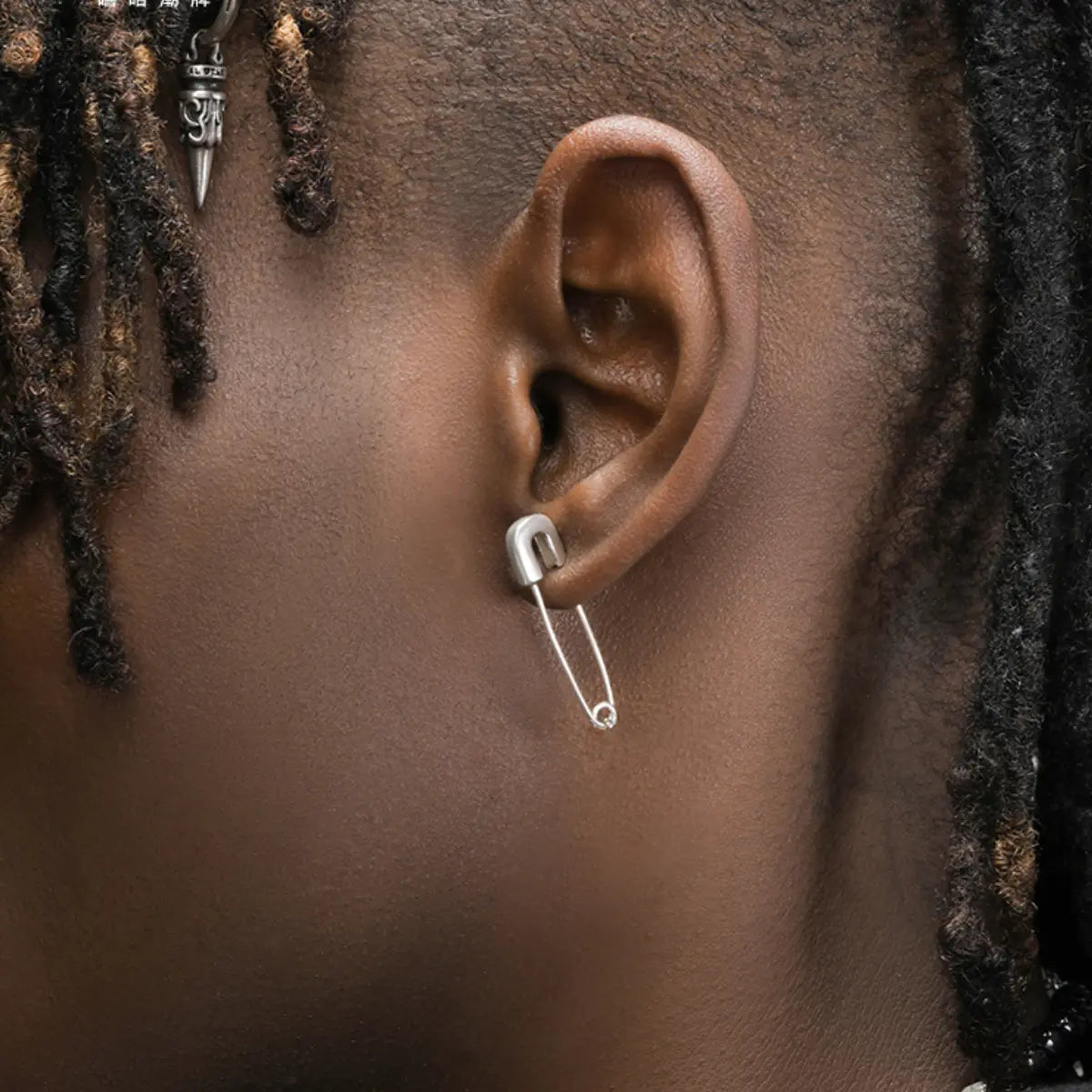 Sterling Silver Safety Pin Earrings Silver Worn by Male Model Top View