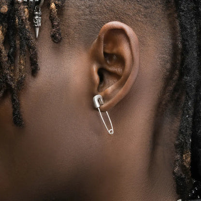 Sterling Silver Safety Pin Earrings Silver Worn by Male Model Top View