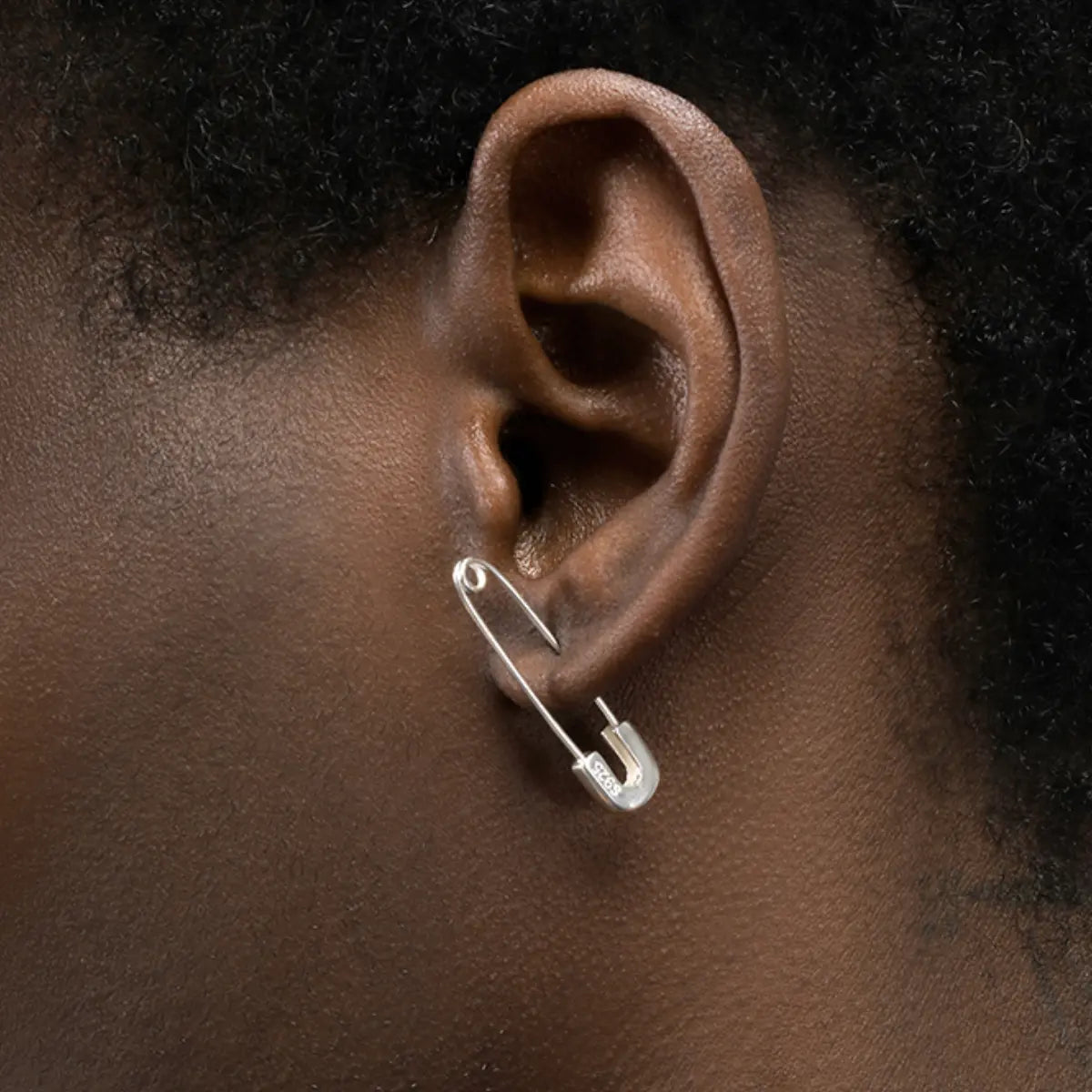 Sterling Silver Safety Pin Earrings Silver Worn by Male Model Bottom View