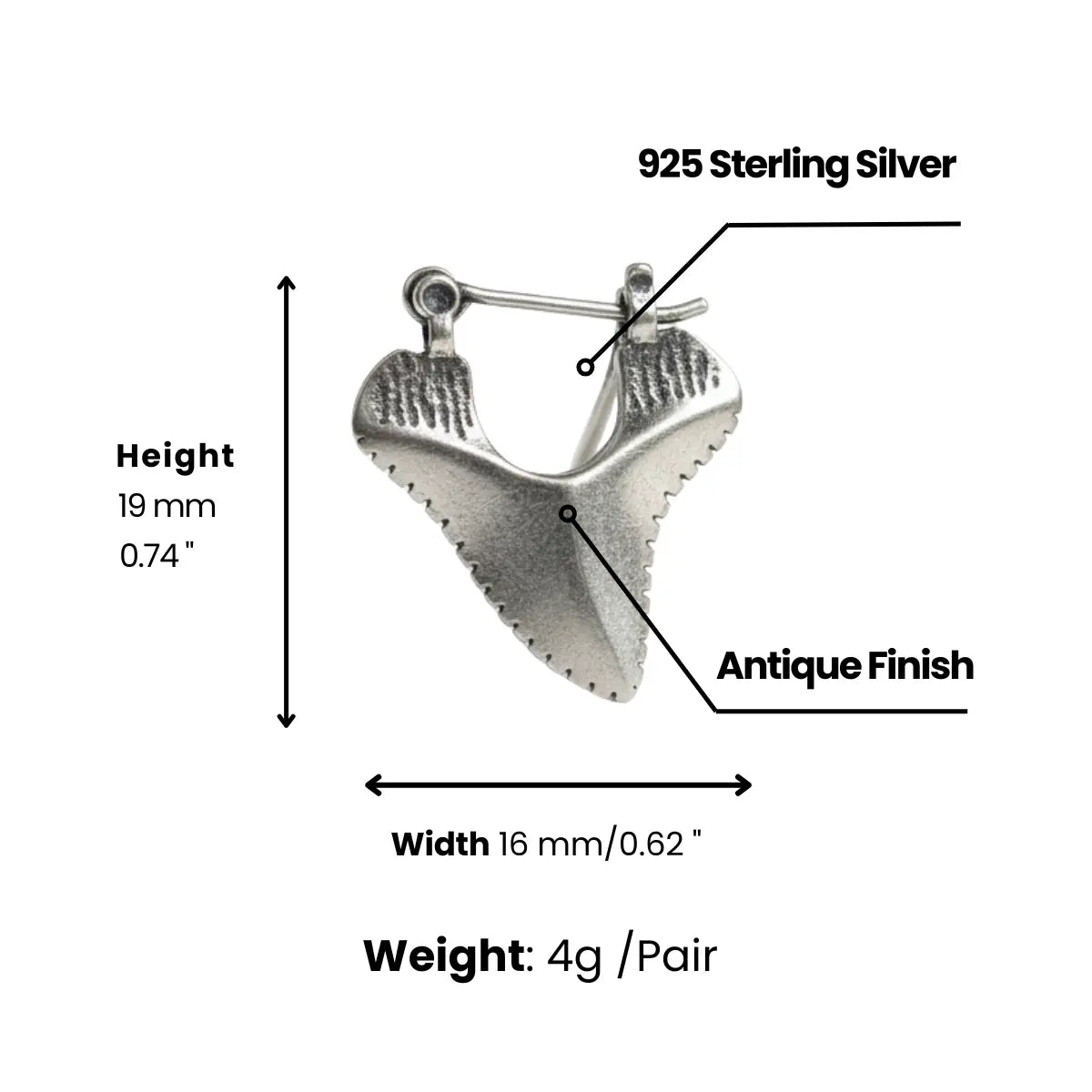 Sterling Silver Shark Tooth Earrings Dimensions and Weight