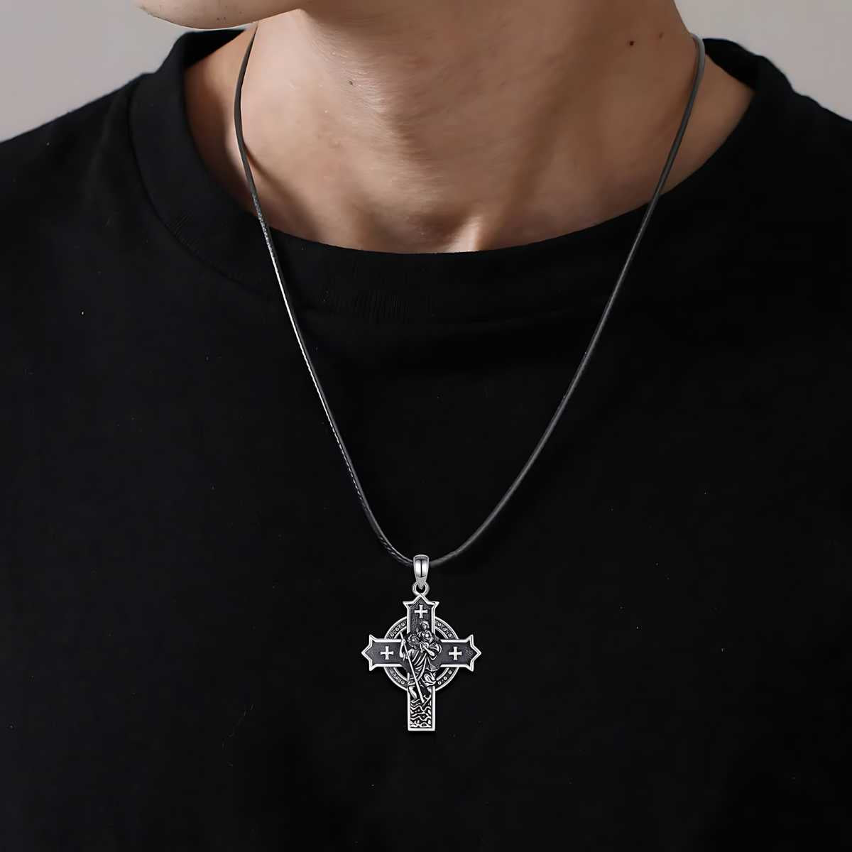 Sterling Silver St Christopher Cross Necklace Worn by Model Xenos Jewelry