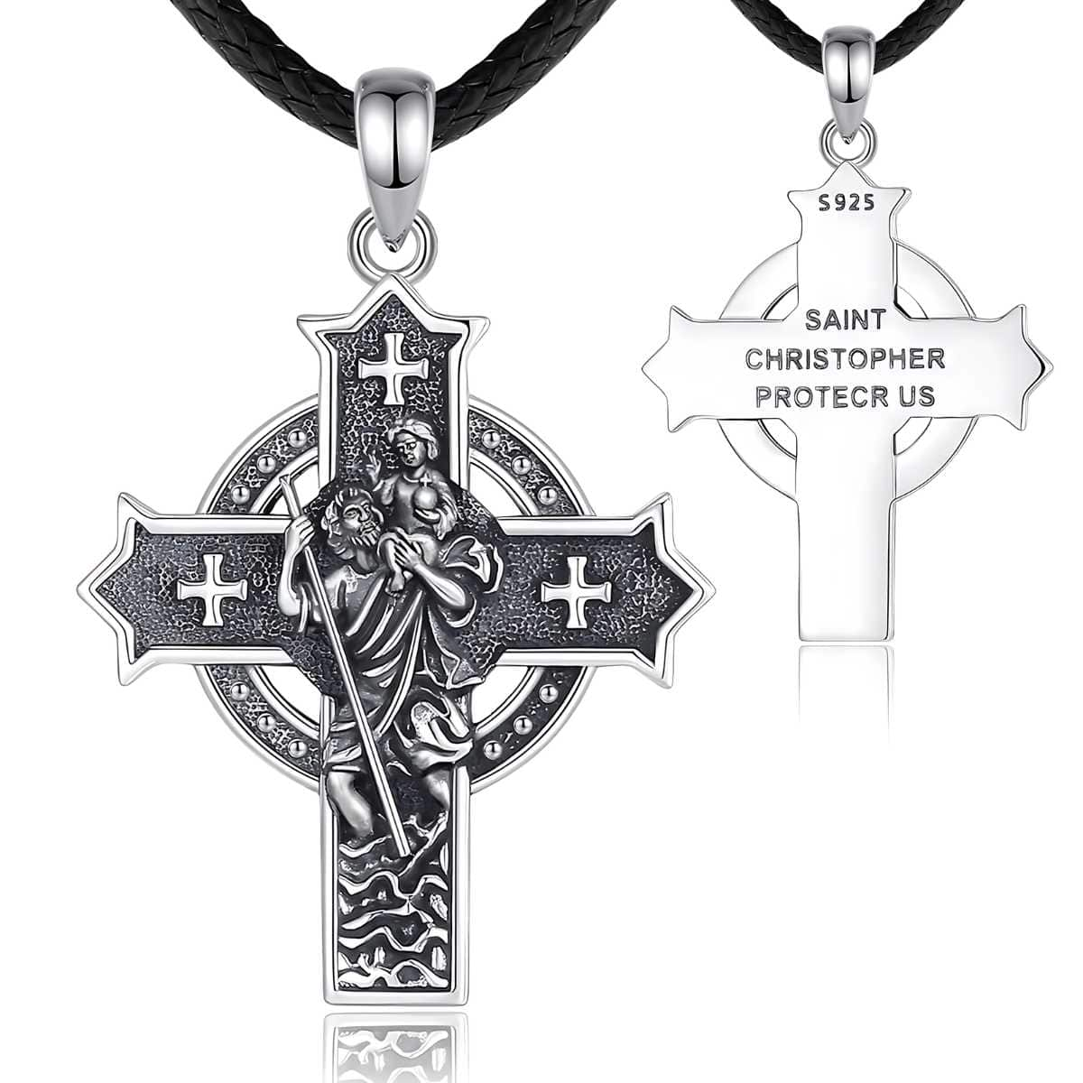 Sterling Silver St Christopher Cross Necklace with 24 inch Rope Xenos Jewelry