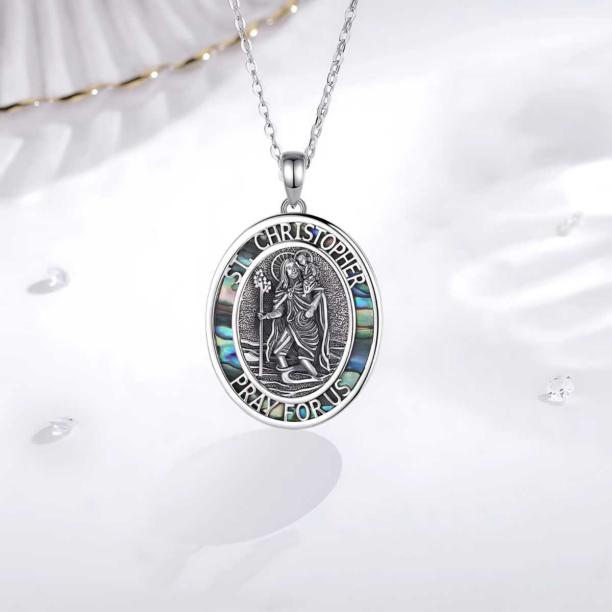 Sterling Silver St Christopher Medallion Abalone Shell Details Xenos Jewelry