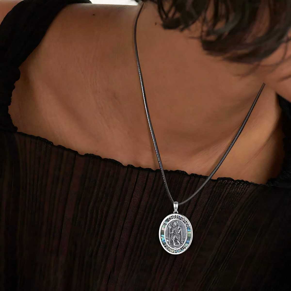 Sterling Silver St Christopher Medallion Abalone Shell Worn by Model Xenos Jewelry